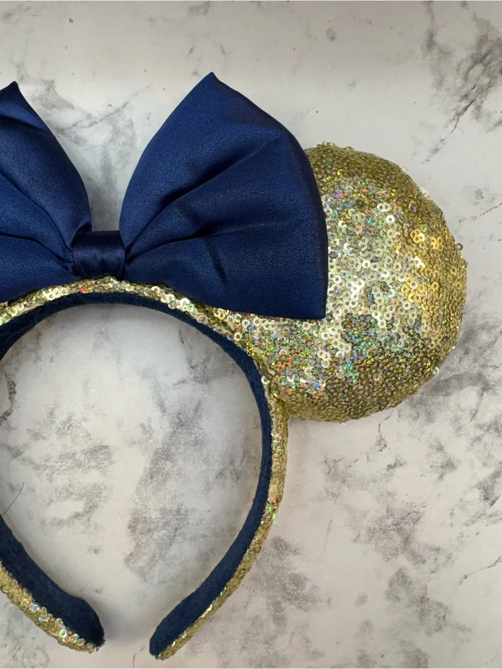Gold Sequin Minnie Ears Headband with Navy Bow